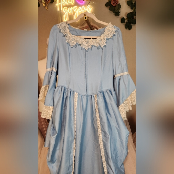 Unbranded Size S Blue Bridgerton Vibes Renaissance Bell Sleeves Gown Lace Trim - Picture 10 of 11